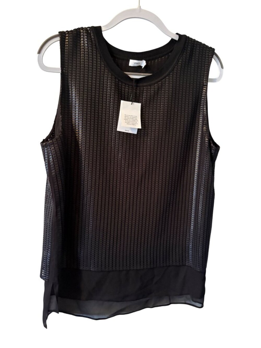 Vince Black Sleeveless Leather Like Chic Top 100% Silk understated luxury $295